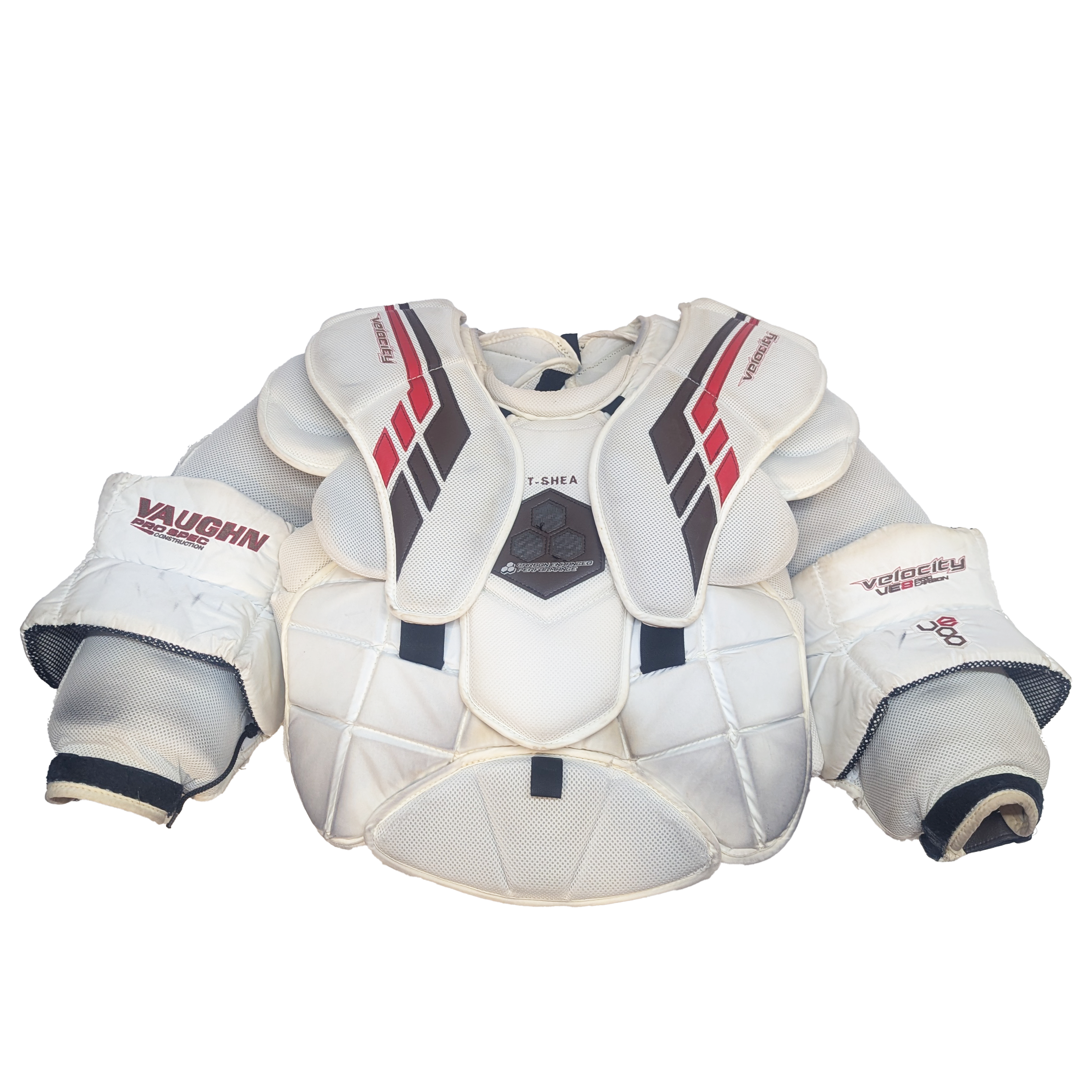 Vaughn Velocity VE8 Pro Carbon – Plastron de gardien de but Pro Stock d'occasion (blanc/marron)